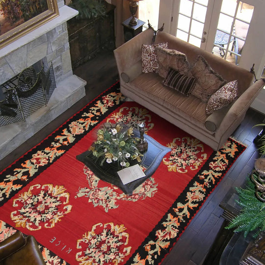 9x12 Hand-Woven Rusty Red Traditional Southwestern Floral Wool Area Rug