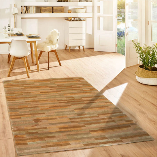 3x5 Gold Hand Knotted Tibetan Contemporary Striped Wool & Silk Oriental Area Rug