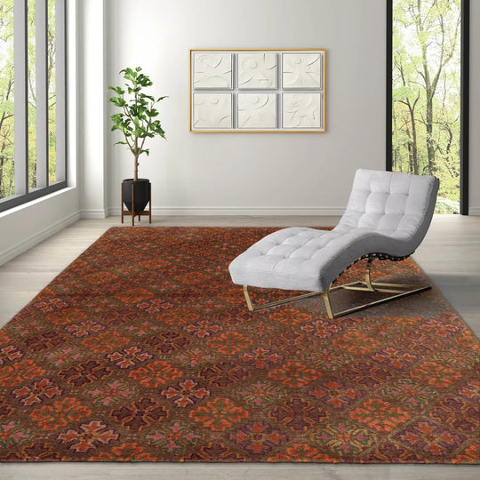 4x6 Brown Hand Knotted Tibetan Transitional  Floral Wool & Silk Oriental Area Rug