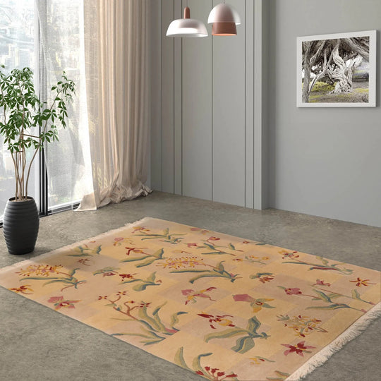 4x6 Beige Hand Knotted Tibetan Transitional  Floral Wool Oriental Area Rug