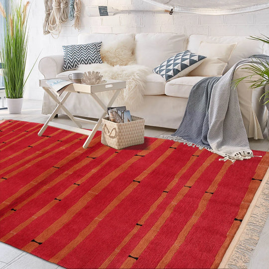 4x6 Coral Hand Knotted Tibetan Contemporary Striped Wool & Silk Oriental Area Rug