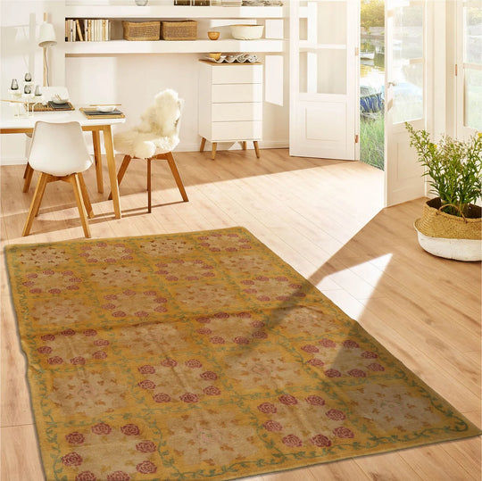 4x6 Gold Hand Knotted Tibetan Transitional  Floral Wool Oriental Area Rug