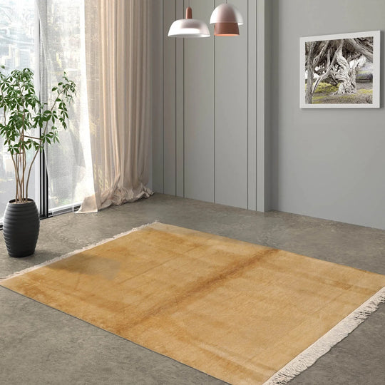 4x6 Beige Hand Knotted Tibetan Modern Ribbed Wool Tibetan Area Rug