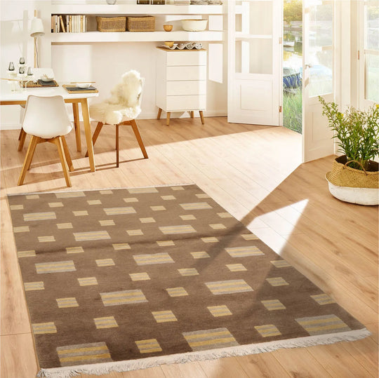 4x6 Olive Hand Knotted Modern Tibetan Geometric Wool Oriental Area Rug