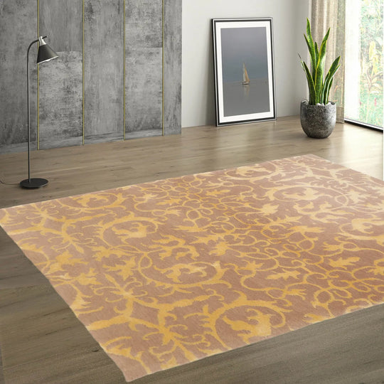 4x6 Beige Hand Knotted Transitional Tibetan Floral Wool and Silk Oriental Area Rug