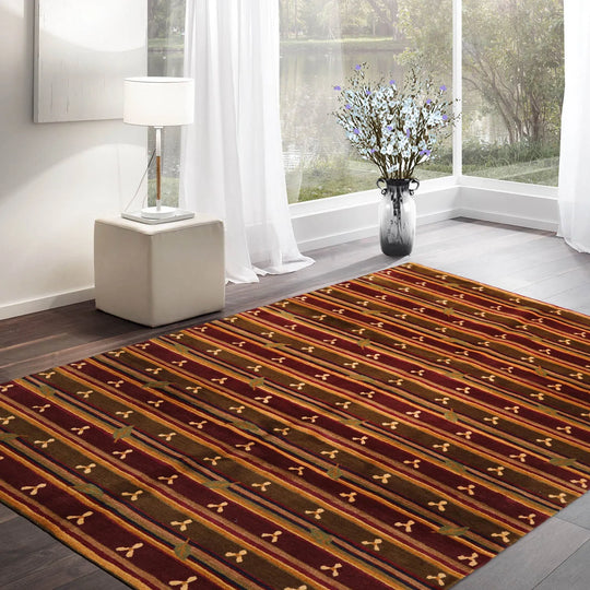 6x9 Green Hand Knotted Tibetan Transitional  Striped Wool Oriental Area Rug