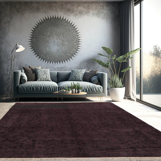 8x10 Tone on Tone Aubergine Hand Knotted  Tibetan Transitional  Floral Wool and Silk Oriental Area Rug