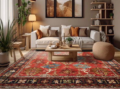9' 3''x12' 4'' Burnt Orange Navy Ivory Color Hand Knotted All-Over 100% Wool Traditional Oriental Rug