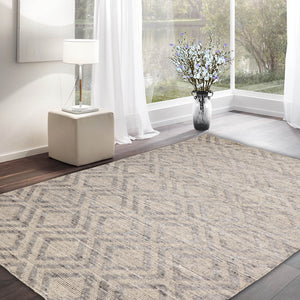 LoomBloom 5x8 Beige Geometric Ribbed Oriental Wool Rug with Hand Knotted Finish