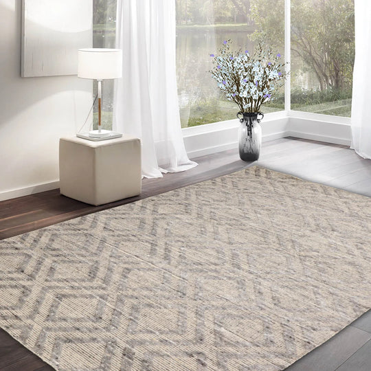 LoomBloom 5x8 Beige Geometric Ribbed Oriental Wool Rug with Hand Knotted Finish