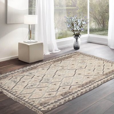 LoomBloom 5x8 Beige Wool Hand Woven Southwestern Kilim Oriental Area Rug