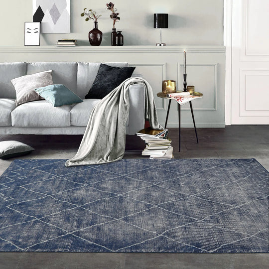 LoomBloom Contemporary Design Navy Hand Woven Moroccan Wool Oriental Area Rug 5x8 Size