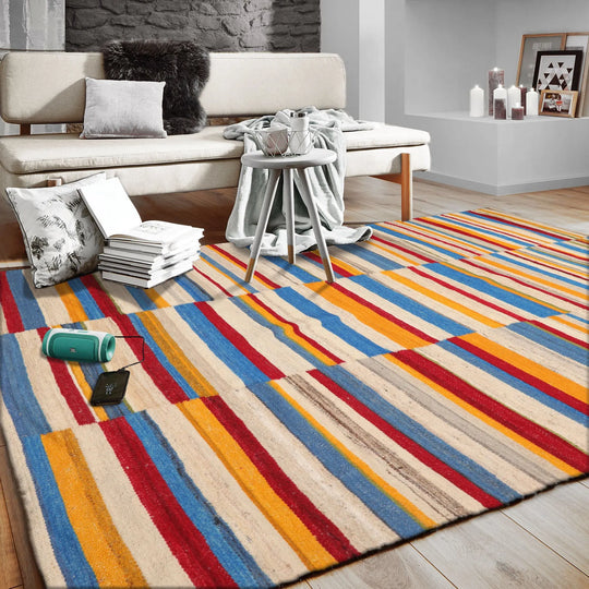 LoomBloom 5x8 Beige Hand-Tufted Contemporary Striped Wool Oriental Area Rug