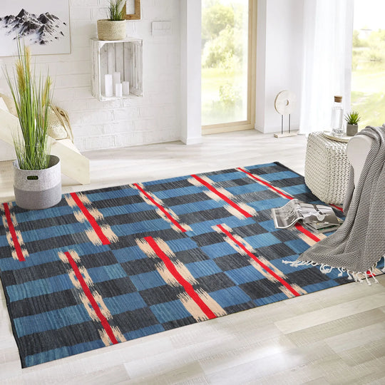 LoomBloom 5x8 Hand Woven Blue Ikat Wool Oriental Area Rug