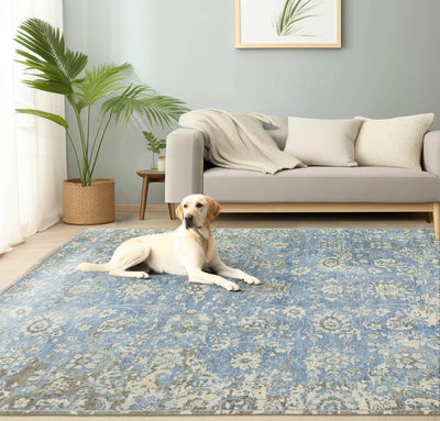 8x10 Blue Beige Gray Color Hand Knotted Transitional Oushak w/o border Wool Transitional Oriental Rug