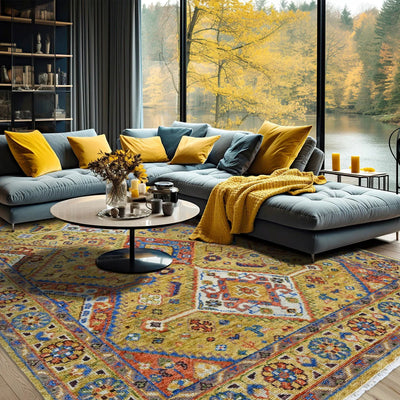 8x10 Gold Navy Burnt Orange Color Hand Knotted Oushak Wool Traditional Oriental Rug