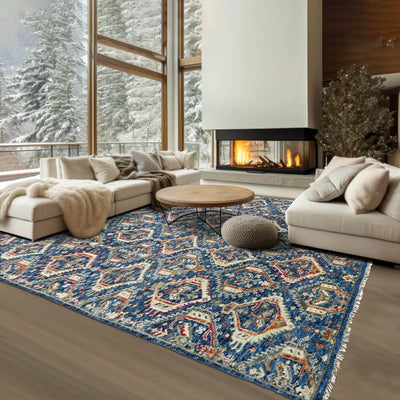 8x10 Navy Beige Burnt Orange Color Hand Knotted Transitional Oushak Wool Transitional Oriental Rug