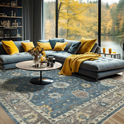 9x12 Blue Taupe Beige Color Hand Knotted Oushak Wool Traditional Oriental Rug