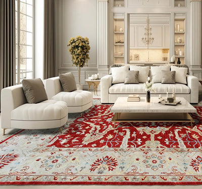 9x12 Red Beige Gray Color Hand Knotted Oushak Wool Traditional Oriental Rug