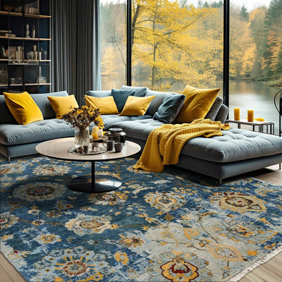 8x10 Blue Beige gold Color Hand Knotted Transitional Wool Transitional Oriental Rug