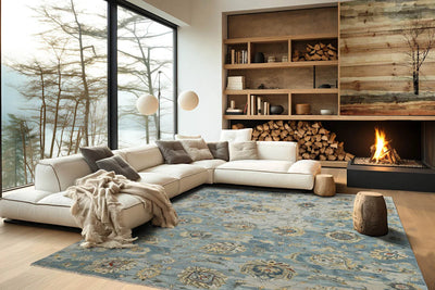 9x12 Blue Beige Gray Color Hand Knotted Transitional Wool Transitional Oriental Rug