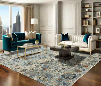 9x12 Blue Beige Burnt Orange Color Hand Knotted Transitional Wool Transitional Oriental Rug