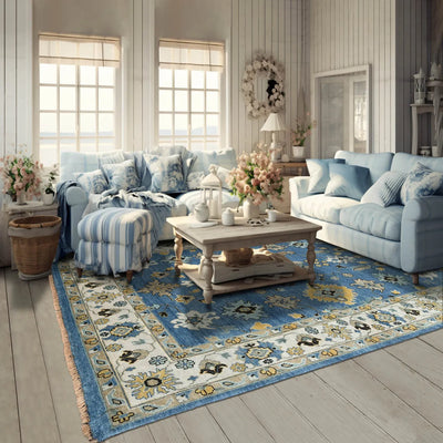 8x10 Blue Beige Gold Color Hand Knotted Oushak Wool Traditional Oriental Rug