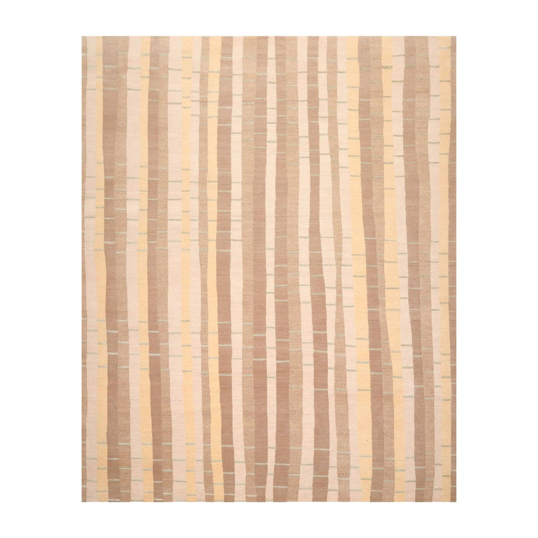 8'x10' Hand Knotted Premium Tibetan Wool & Silk Bamboo Stripes Modern Area Rug Beige