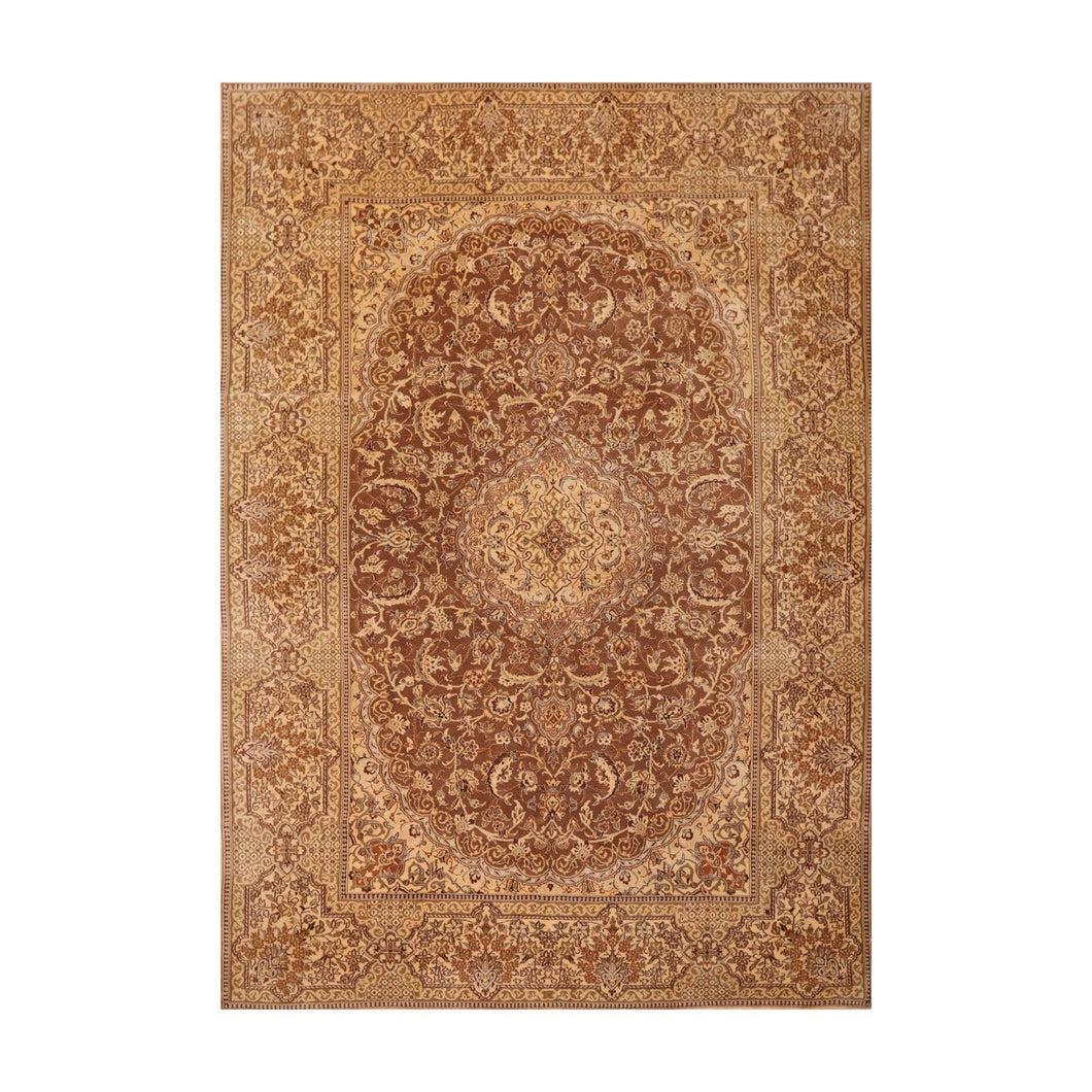 7' 11''x11' 11'' Brown Tan Gray Color Hand Knotted Persian Wool and Silk Traditional Oriental Rug