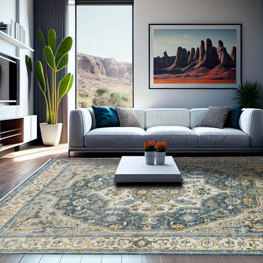 9x12 Blue, Gold Color Hand Knotted LoomBloom Muted Turkish Oushak 100% Wool Transitional Oriental Area Rug