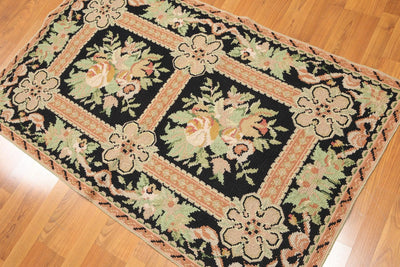 3'x5' Black, Peach, Green, Multi Color Hand Made Needlepoint Aubusson Oriental Rug - Oriental Rug Of Houston