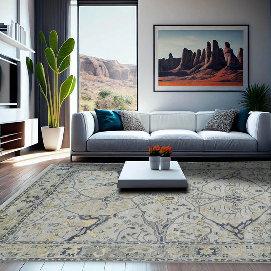 9x12 Bluish Gray, Beige Color Hand Knotted LoomBloom Muted Turkish Oushak 100% Wool Transitional Oriental Area Rug