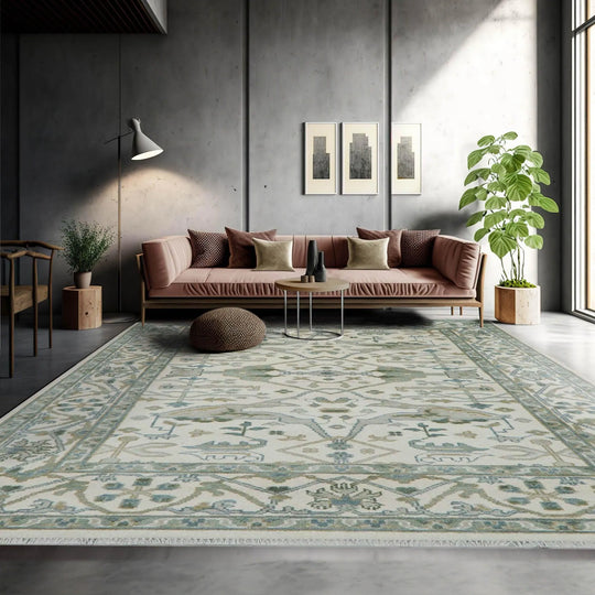 9x12 Ivory, Sea Foam Color Hand Knotted LoomBloom Muted Turkish Oushak  100% Wool Transitional Oriental Area Rug