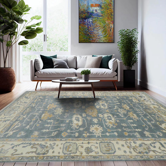 9x12 Grayish Blue, Ivory Color Hand Knotted LoomBloom Muted Turkish Oushak 100% Wool Transitional Oriental Area Rug