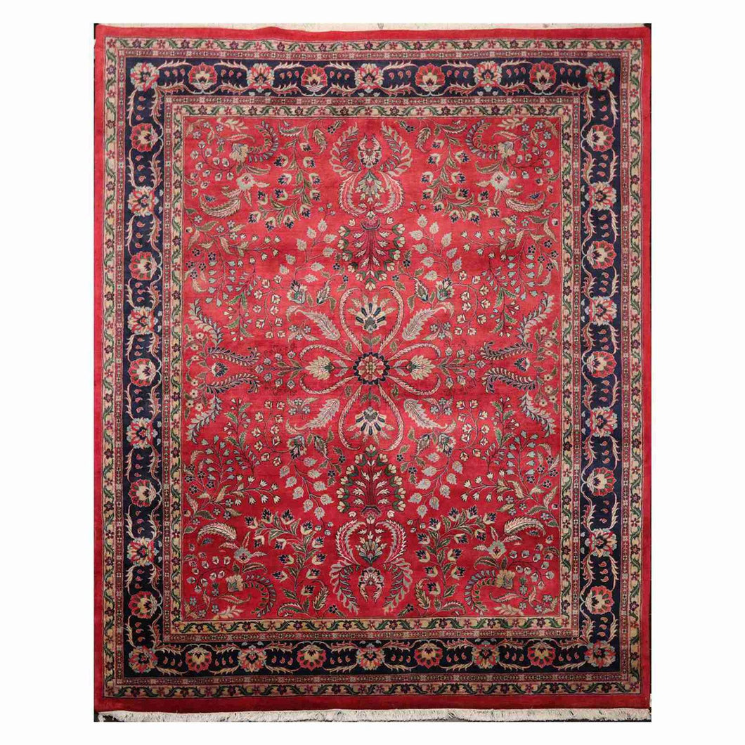 7' 9''x9' 9'' Rose Navy Green Color Hand Knotted Persian 100% Wool Traditional Oriental Rug