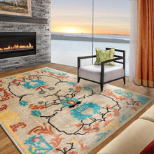 Beige Aqua Rust Color Persian style rugs by the side of fireplace in living area.