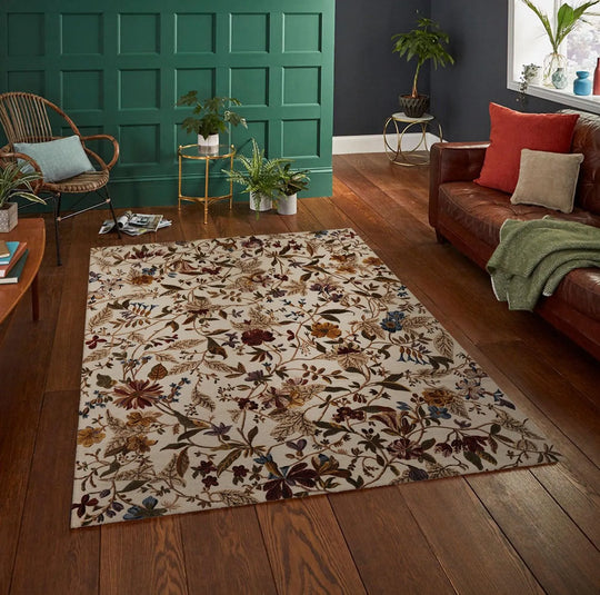 8x10 Beige, Rust Hand Knotted Wool Botanical Loop N Cut High Low Pile Tibetan Area Rug