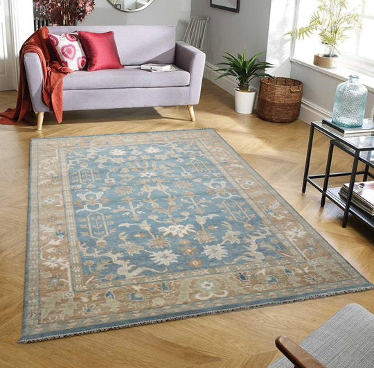 8’11" x 11’11”Muted Hand Knotted Wool Traditional Indo Herizz Area Rug Blue