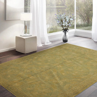 French Aubusson Savonnerie Hand Knotted Wool Area Rug Lime 6’ x 8’11” - Oriental Rug Of Houston