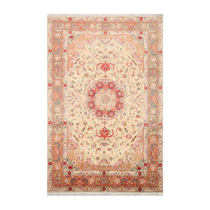 6x9 Hand Knotted Wool and Silk Traditional Tabriz 300 KPSI Oriental Area Rug Ivory, Peach Color