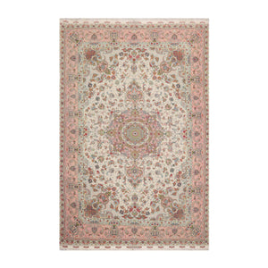 6x9 Hand Knotted Wool and Silk Traditional Tabriz Master Weaver Signed 400 KPSI Oriental Area Rug Ivory, Blush Color