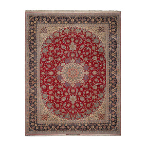 10x14 Red Navy Blue Color Hand Knotted Persian Wool and Silk Traditional Oriental Rug