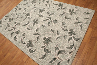 5'x7' Gray, Green, Tone on Tone, Multi Color Machine Made Polypropylene Indonesian High Density Hand Carved Effect Modern Oriental Rug - Oriental Rug Of Houston