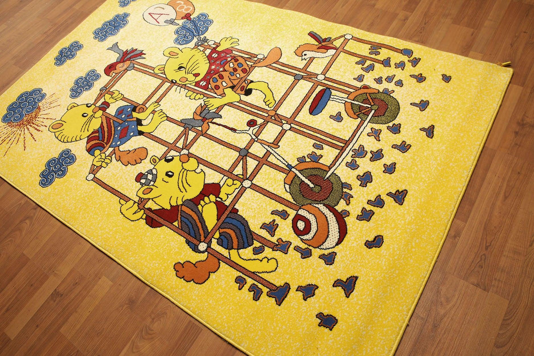 5'x7' Mustard Yellow, Blue, Red, Multi Color Indonesian High Density Hand Carved Effect Children Rug - Oriental Rug Of Houston