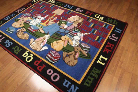 5'x7' Red, Blue, Black, Multi Color Machine Made Polypropylene Indonesian High Density Hand Carved Effect Children Alphabet Rug