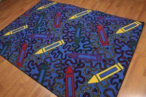 5'x7' Blue, Red, Yellow, Multi Color Machine Made Polypropylene Indonesian High Density Hand Carved Effect Children Crayon Rug
