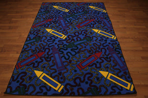5'x7' Blue, Red, Yellow, Multi Color Machine Made Polypropylene Indonesian High Density Hand Carved Effect Children Crayon Rug - Oriental Rug Of Houston