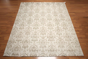 9x12 Olive & Beige Color Hand Knotted Tibetan Ikat Wool & Bamboo Silk Oriental Area Rug