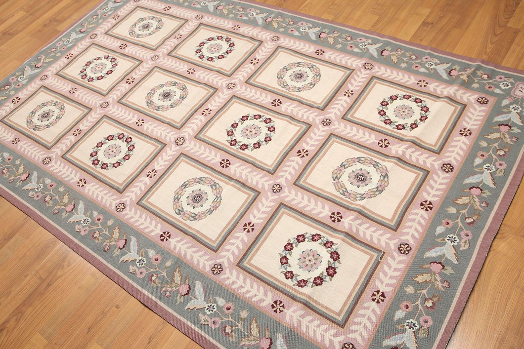 6'x9' Beige, Pink, Gray, Rose, Multi Color Fine Hand Made Needlepoint Aubushan Persian Oriental Wool Rug