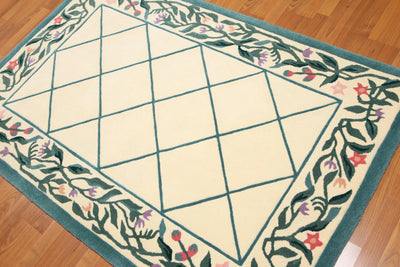 4' x 6' Handmade French Aubusson Savonnerie 100% wool Area rug Ivory - Oriental Rug Of Houston